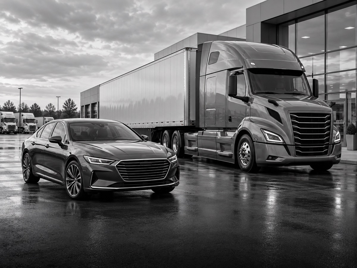 Late-model cars and semi-trucks at a modern fleet facility