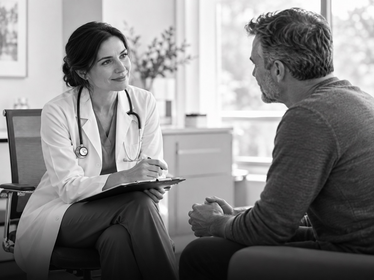 Clinician speaking with a patient in a modern clinic