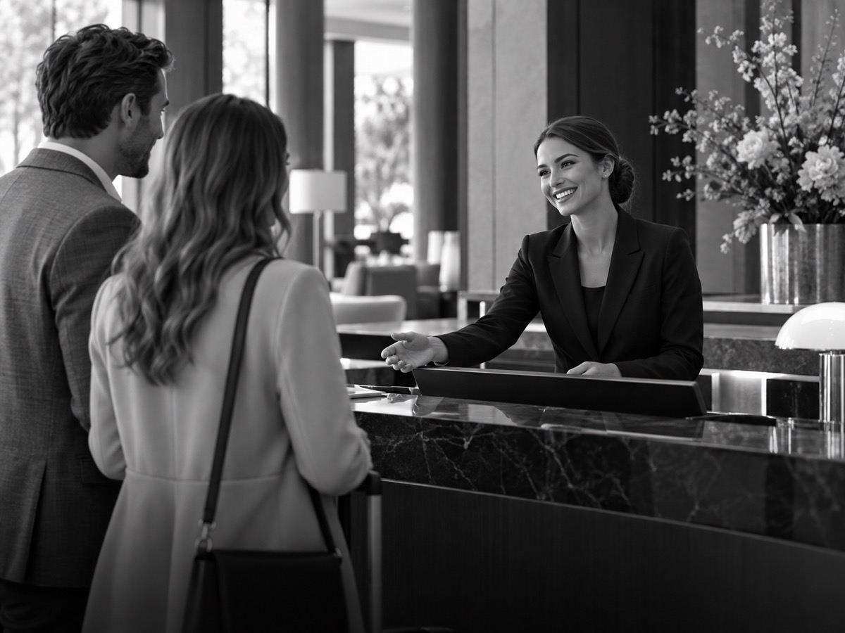 Hotel receptionist welcoming arriving guests