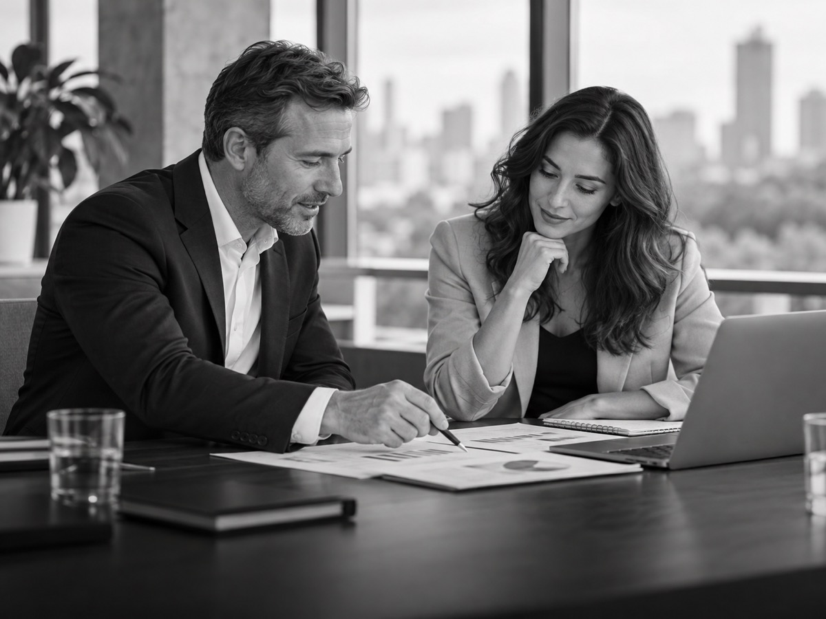 Consultant and client reviewing a business plan