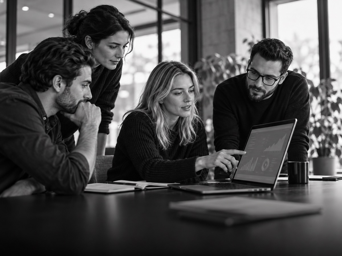 SaaS product team collaborating around a dashboard